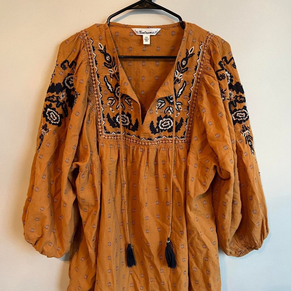 Tantrums XXL Mustard Yellow Boho Embroidered Tassel Peasant Blouse